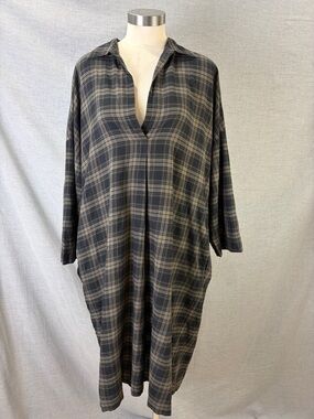 Vince Olive Black Plaid Italian Cotton Oversized Cocoon Shirt Dress L